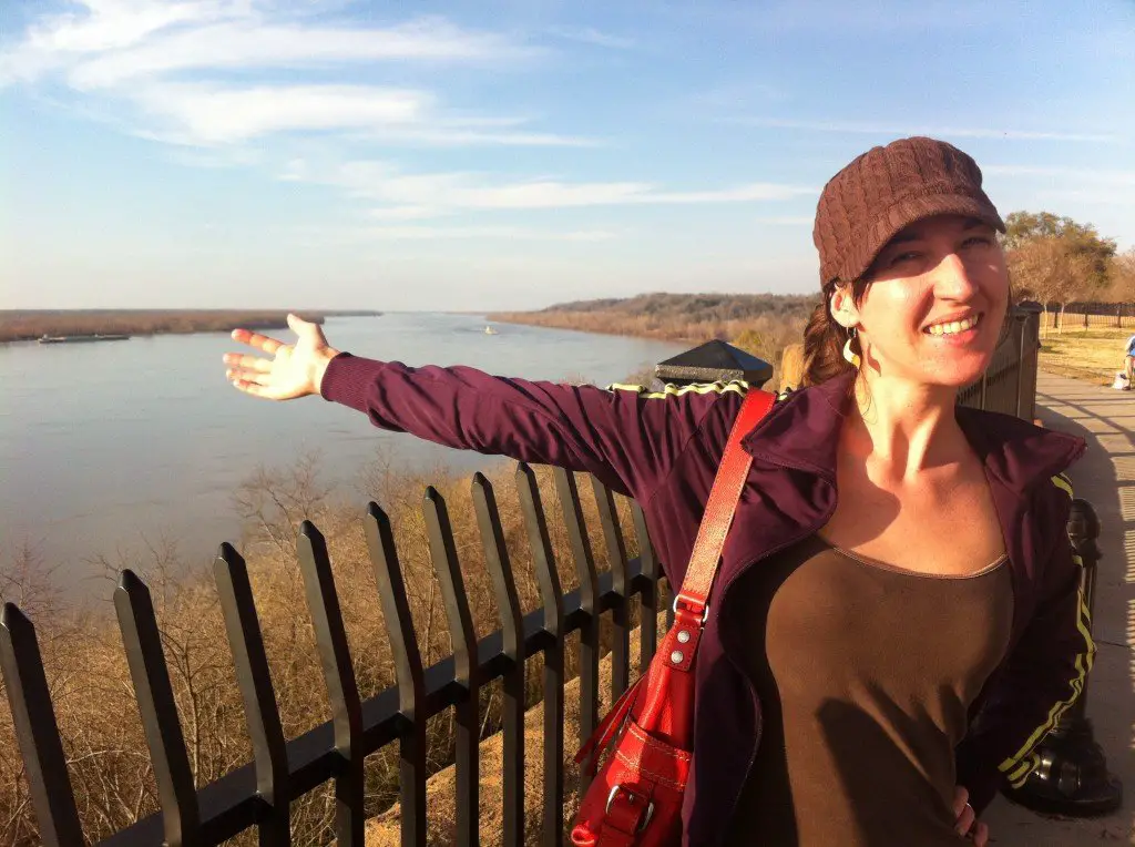 Brittany of RV Wanderlust in front of the Mighty Mississippi RIver in Natchez, MS