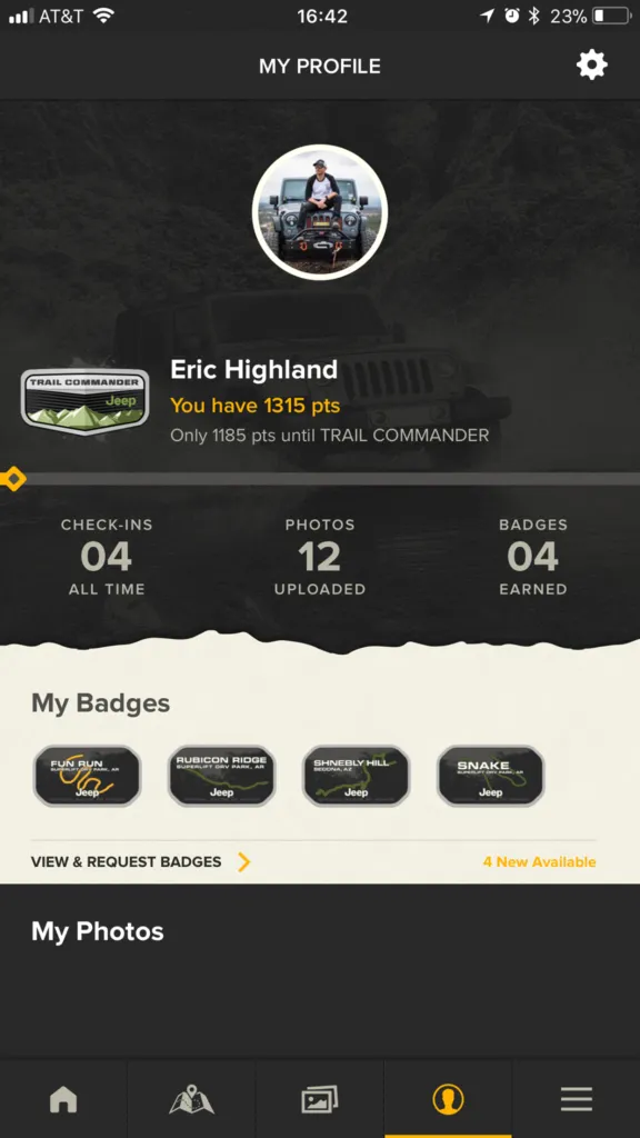 Jeep Badge of Honor profile screen