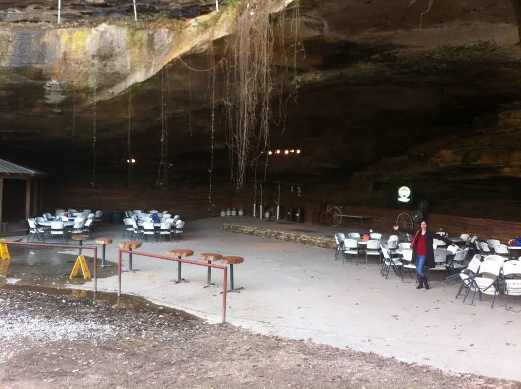 The Rattlesnake Saloon sits under a bluff. This is a photo of the outdoor section