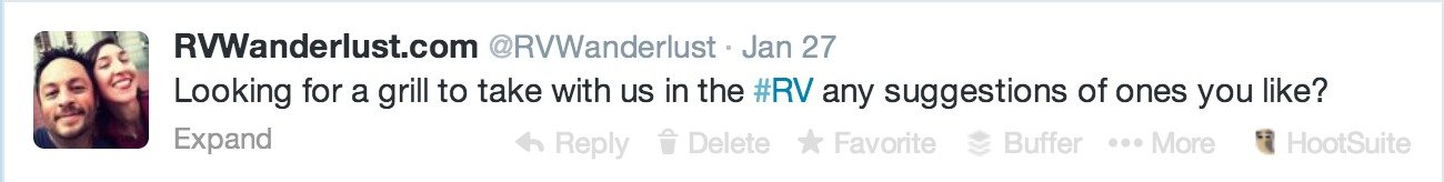 My tweet from RVWanderlust when looking for a portable grill 