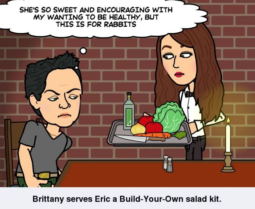 A comic strip of Eric and Brittany trying to eat healthy