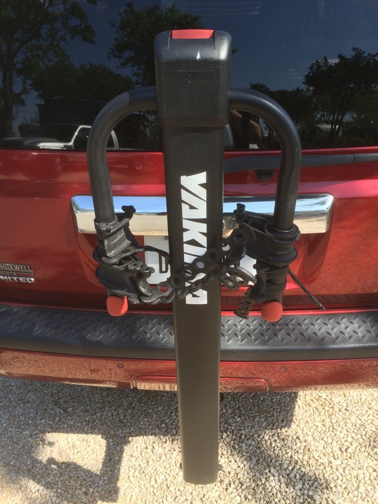 A Yakima bike rack on the back of Smaug, the RV Wanderlust tow vehicle