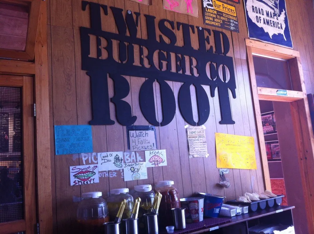 The Twisted Root Burger Co has a pretty cool pickle bar where you can select from various flavors of pickles.