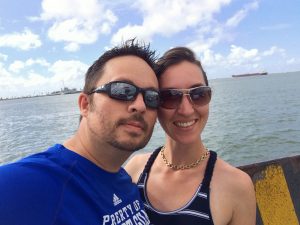 Eric and Brittany of RV Wanderlust on the ferry to Port Bolivar