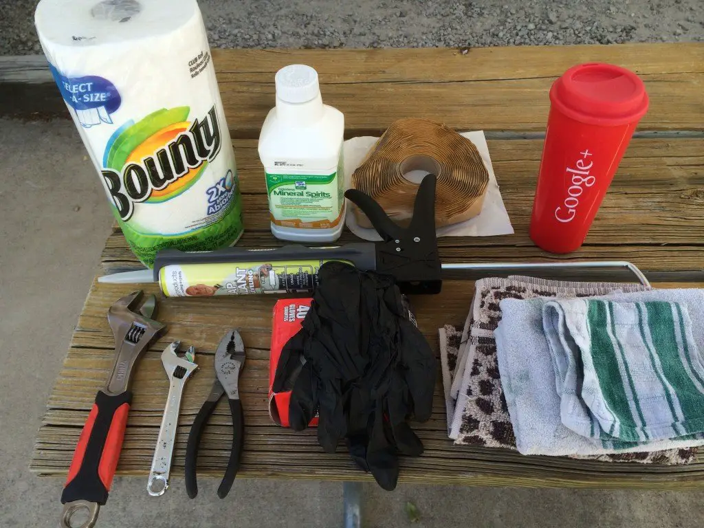 All the tools needed for a lap sealant job on an RV