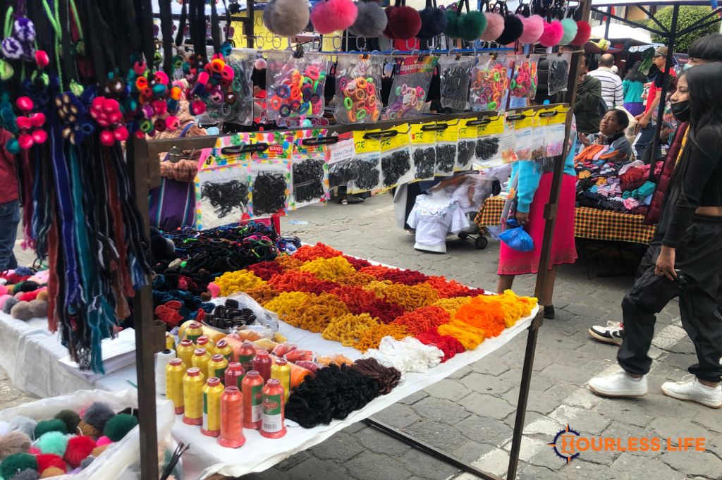 Thread and dyed fabric at Otavalo Market in Ecuador